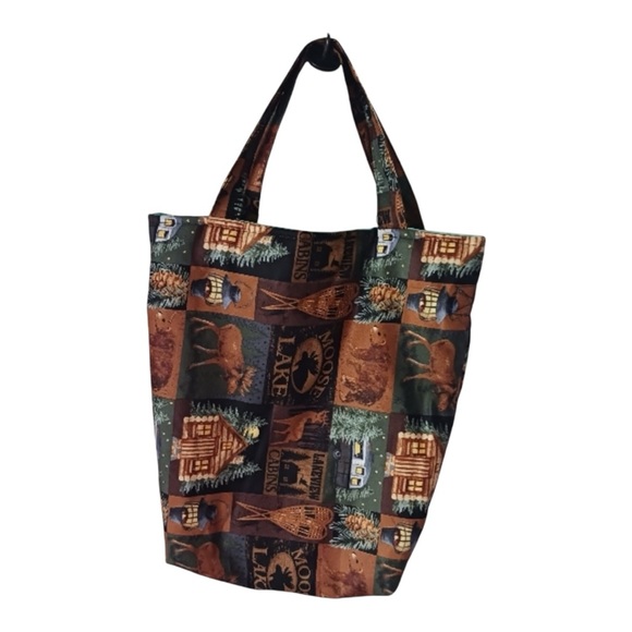 Hand Crafted Handbags - Handmade Lakeview Cabin Cotton Fabric Tote Bag / Cabin in The Woods